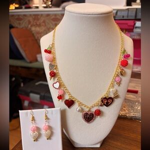 New handmade set gold charm necklace with matching earrings, hearts pink red